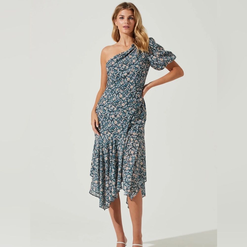 SANTORINI FLORAL ONE SHOULDER MIDI DRESS